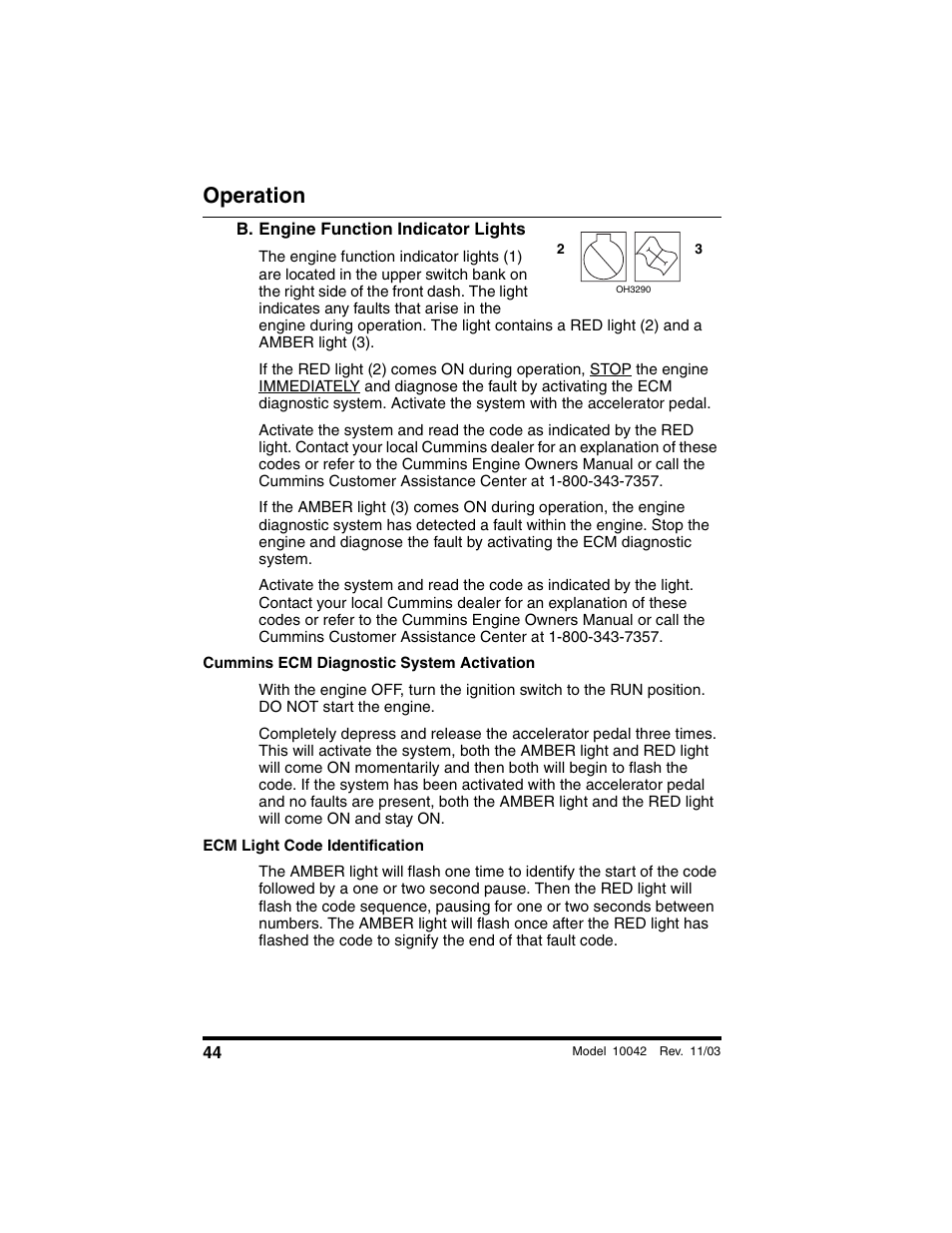 B. engine function indicator lights, Operation | SkyTrak 10042 Operation Manual User Manual | Page 46 / 196