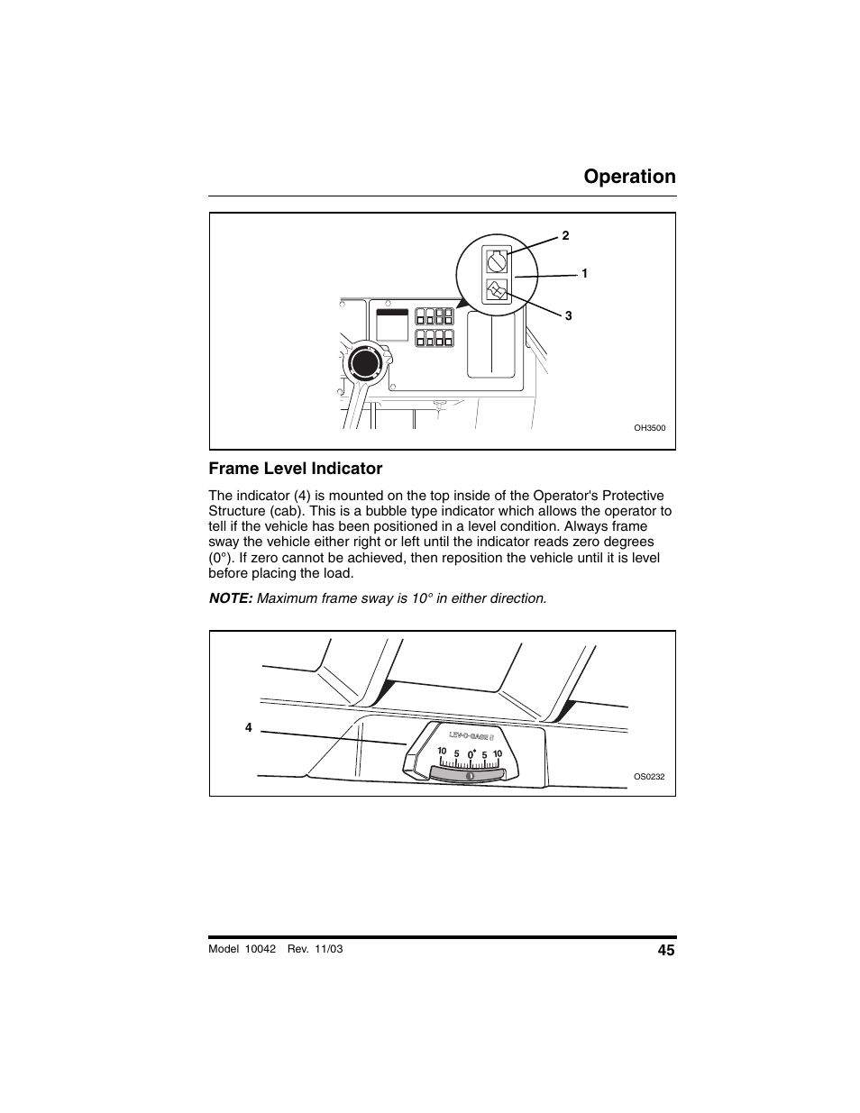 Frame level indicator, Operation | SkyTrak 10042 Operation Manual User Manual | Page 47 / 196