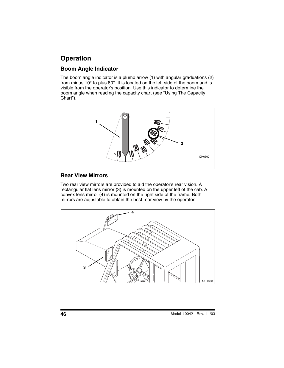 Boom angle indicator, Rear view mirrors, Operation | SkyTrak 10042 Operation Manual User Manual | Page 48 / 196