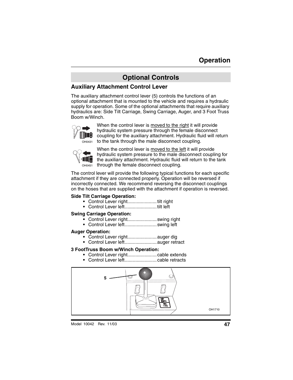 Optional controls, Auxiliary attachment control lever, Operation | SkyTrak 10042 Operation Manual User Manual | Page 49 / 196