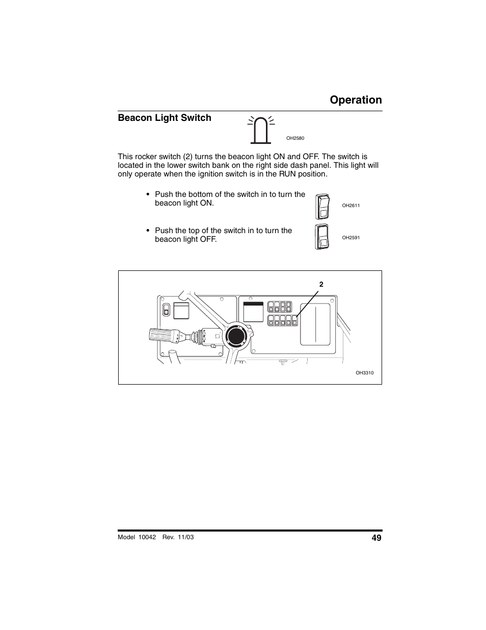 Beacon light switch, Operation | SkyTrak 10042 Operation Manual User Manual | Page 51 / 196