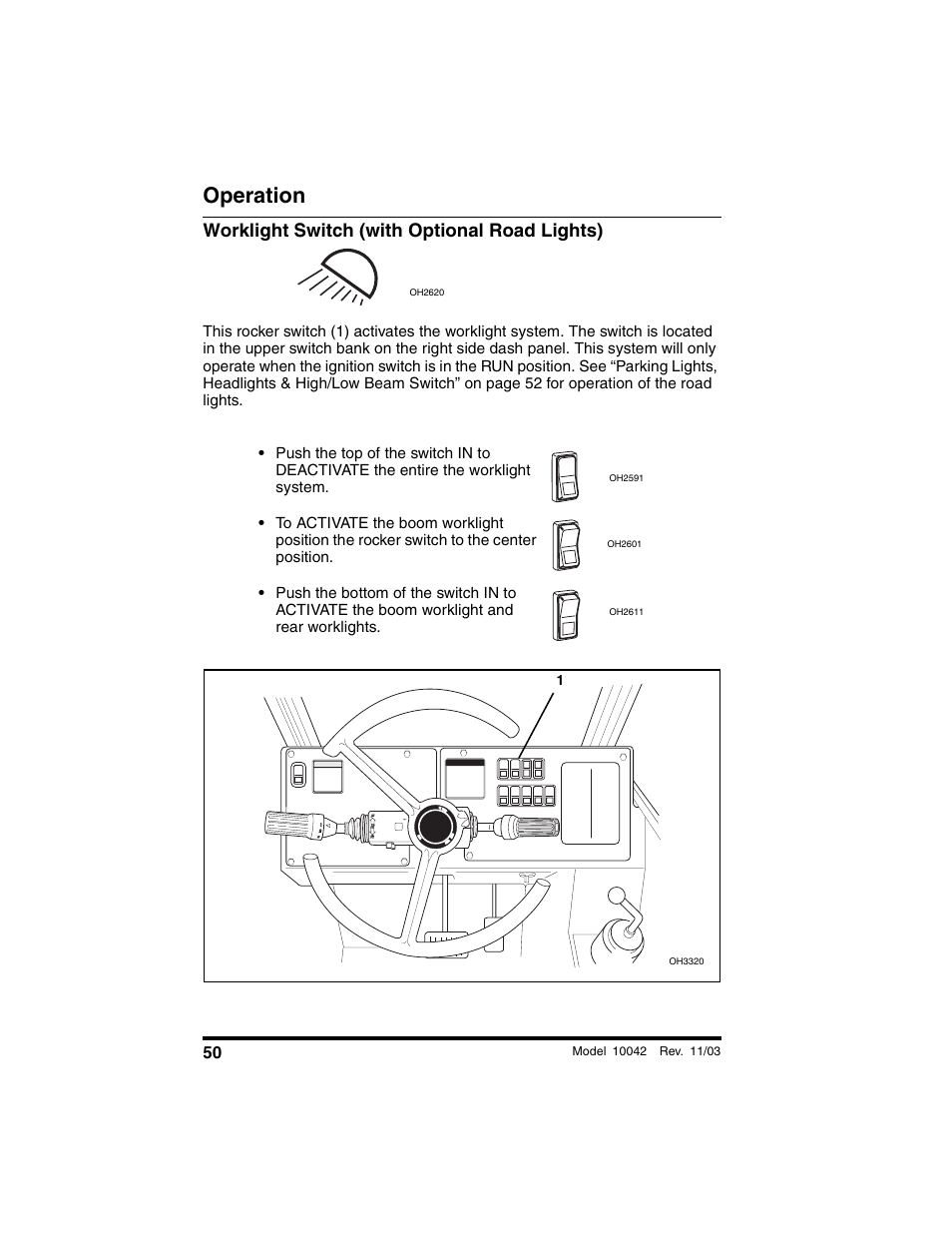 Worklight switch (with optional road lights), Operation | SkyTrak 10042 Operation Manual User Manual | Page 52 / 196