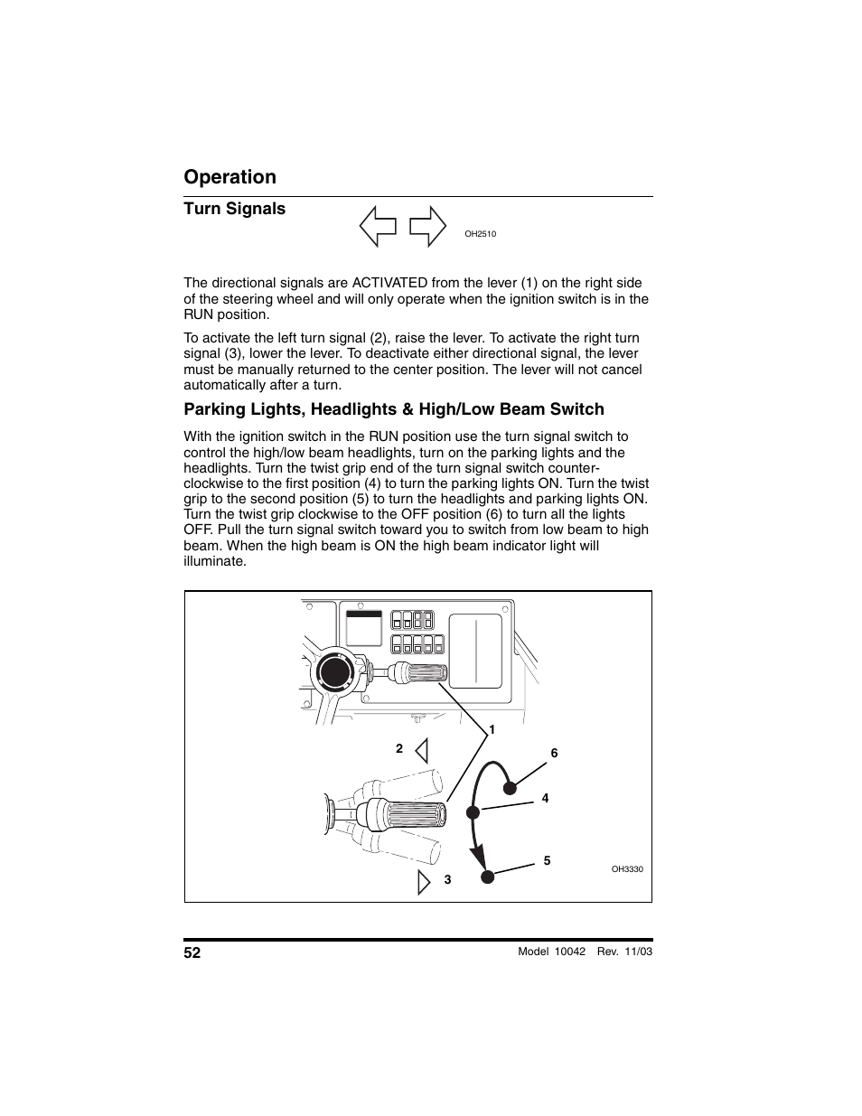 Turn signals, Parking lights, headlights & high/low beam switch, Operation | SkyTrak 10042 Operation Manual User Manual | Page 54 / 196
