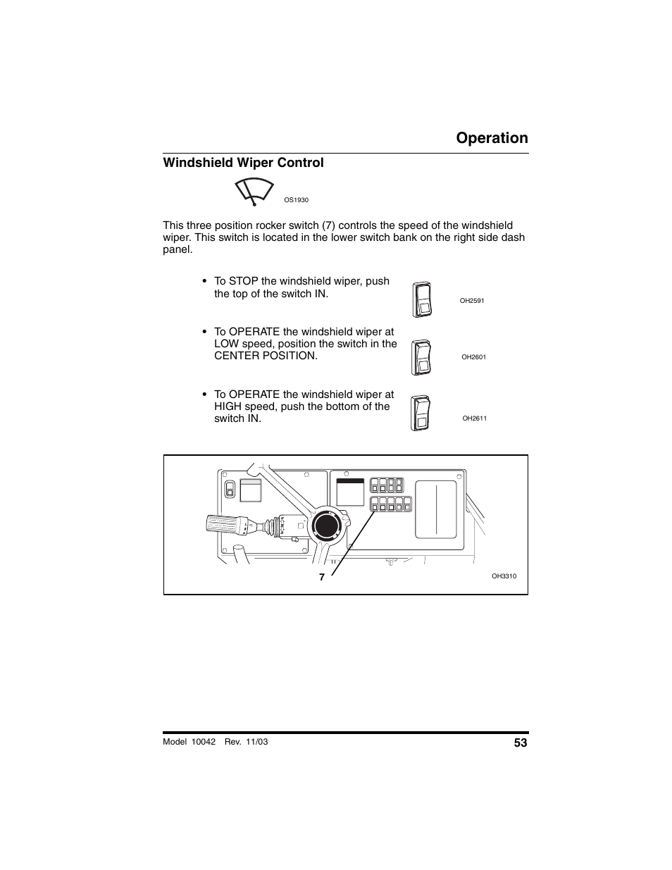 Windshield wiper control, Operation | SkyTrak 10042 Operation Manual User Manual | Page 55 / 196