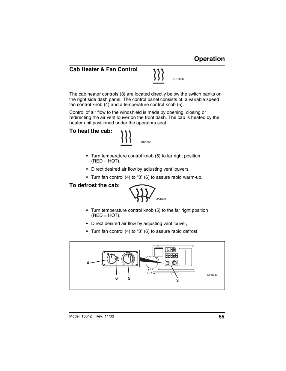 Cab heater & fan control, To heat the cab, To defrost the cab | Operation | SkyTrak 10042 Operation Manual User Manual | Page 57 / 196