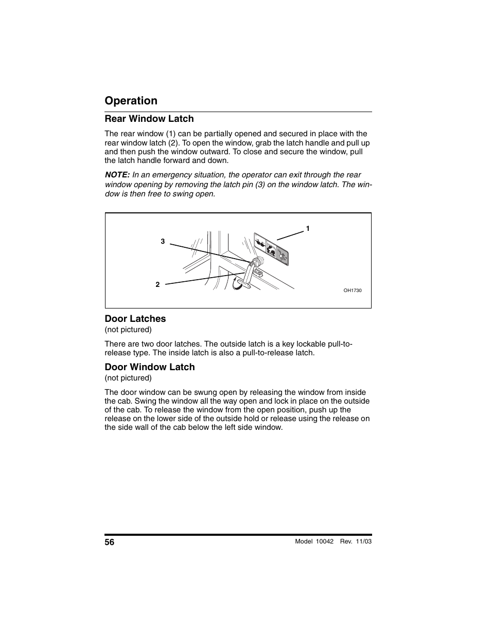 Rear window latch, Door latches, Not pictured) | Door window latch, Operation | SkyTrak 10042 Operation Manual User Manual | Page 58 / 196