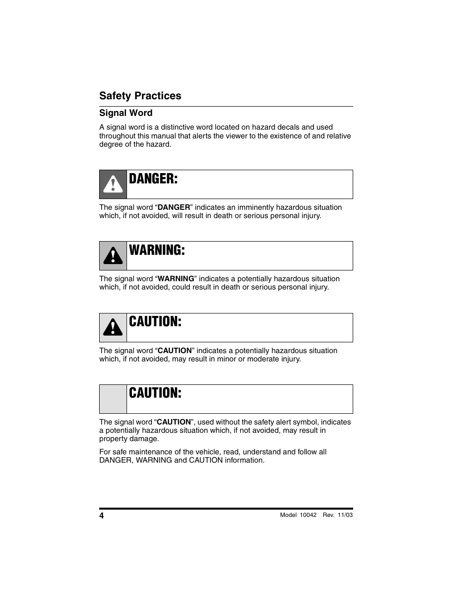 Signal word, Danger: warning: caution: caution | SkyTrak 10042 Operation Manual User Manual | Page 6 / 196