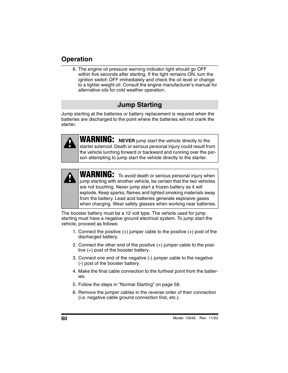Jump starting, Warning, Operation | SkyTrak 10042 Operation Manual User Manual | Page 62 / 196