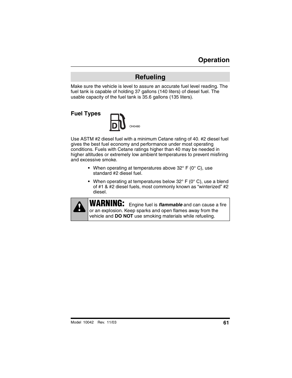 Refueling, Fuel types, Warning | Operation | SkyTrak 10042 Operation Manual User Manual | Page 63 / 196