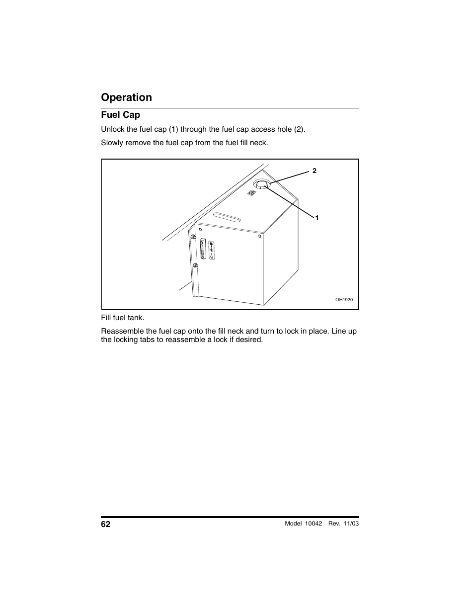 Fuel cap, Operation | SkyTrak 10042 Operation Manual User Manual | Page 64 / 196