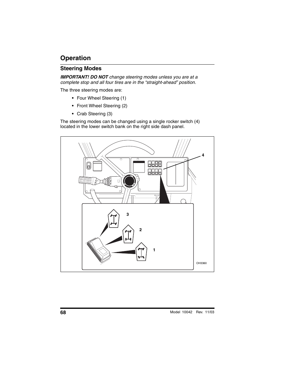 Steering modes, Operation | SkyTrak 10042 Operation Manual User Manual | Page 70 / 196