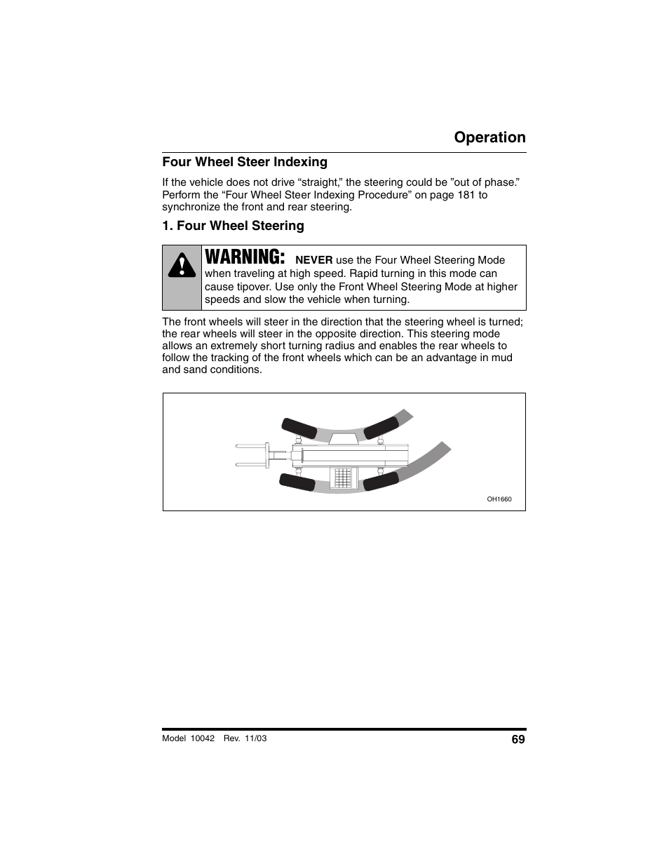 Four wheel steer indexing, Four wheel steering, Warning | Operation | SkyTrak 10042 Operation Manual User Manual | Page 71 / 196