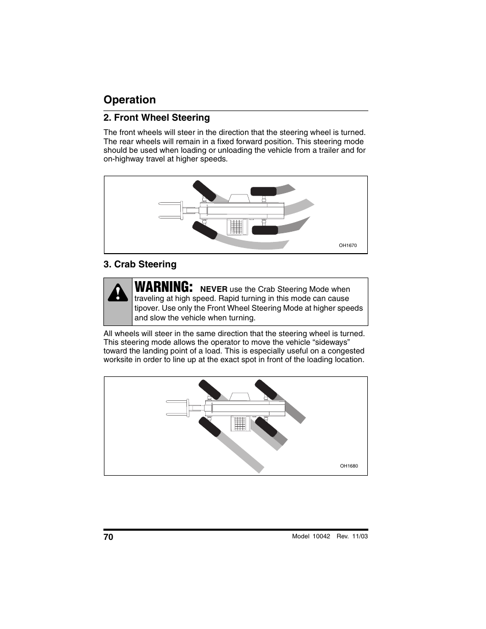 Front wheel steering, Crab steering, Warning | Operation | SkyTrak 10042 Operation Manual User Manual | Page 72 / 196