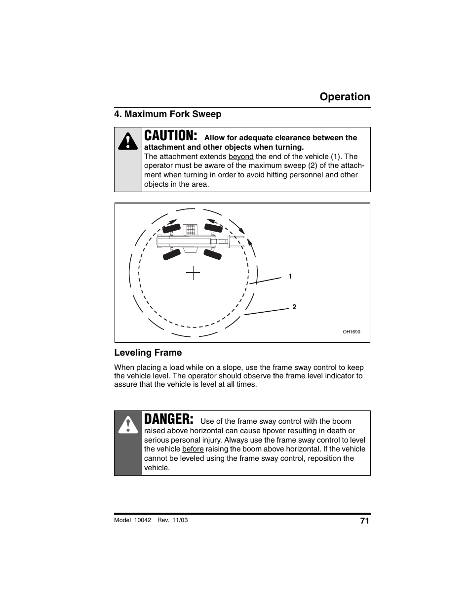 Maximum fork sweep, Leveling frame, Caution | Danger, Operation | SkyTrak 10042 Operation Manual User Manual | Page 73 / 196