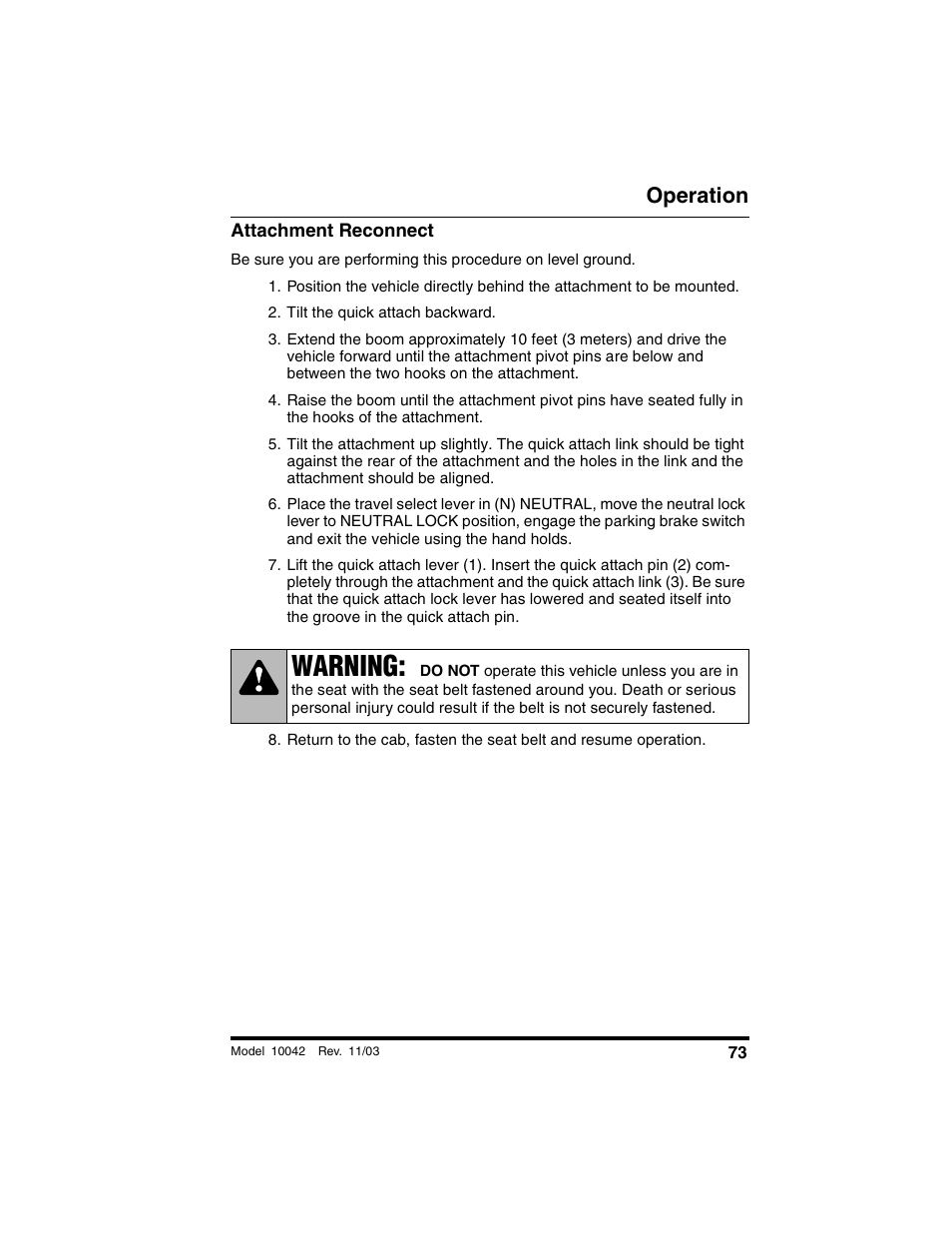 Attachment reconnect, Tilt the quick attach backward, Warning | Operation | SkyTrak 10042 Operation Manual User Manual | Page 75 / 196