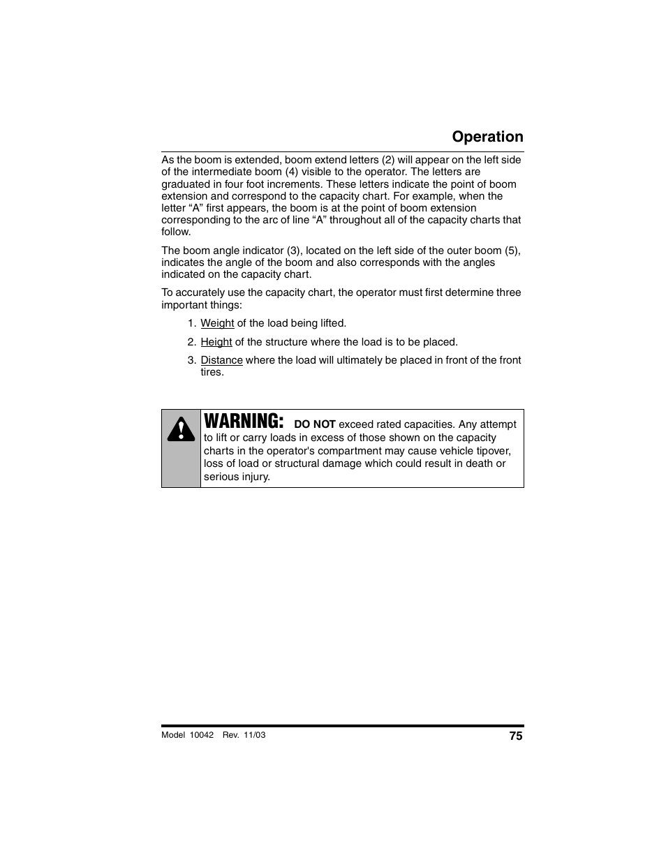 Weight of the load being lifted, Warning, Operation | SkyTrak 10042 Operation Manual User Manual | Page 77 / 196