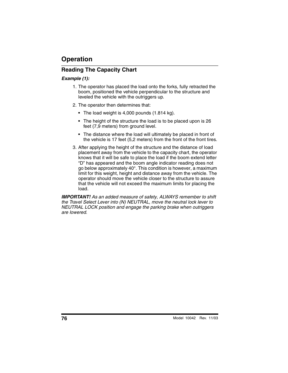 Reading the capacity chart, The operator then determines that, Operation | SkyTrak 10042 Operation Manual User Manual | Page 78 / 196