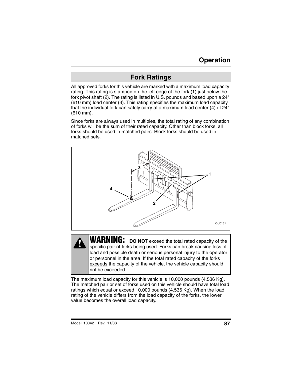 Fork ratings, Warning, Operation | SkyTrak 10042 Operation Manual User Manual | Page 89 / 196