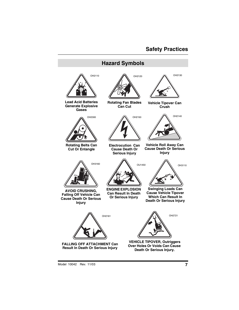 Hazard symbols, Safety practices | SkyTrak 10042 Operation Manual User Manual | Page 9 / 196