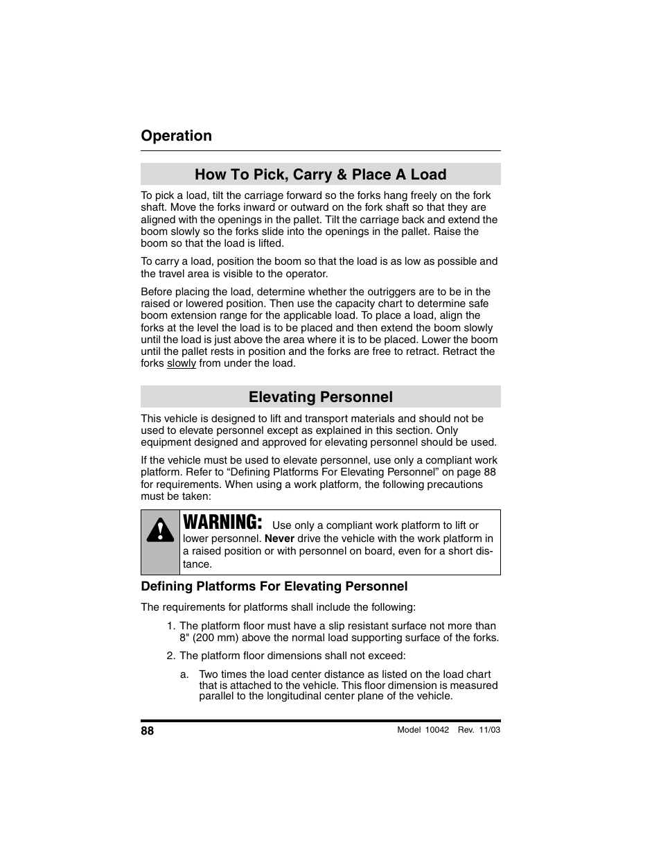 How to pick, carry & place a load, Elevating personnel, Defining platforms for elevating personnel | The platform floor dimensions shall not exceed, How to pick, carry & place a, Load, Warning, Operation | SkyTrak 10042 Operation Manual User Manual | Page 90 / 196