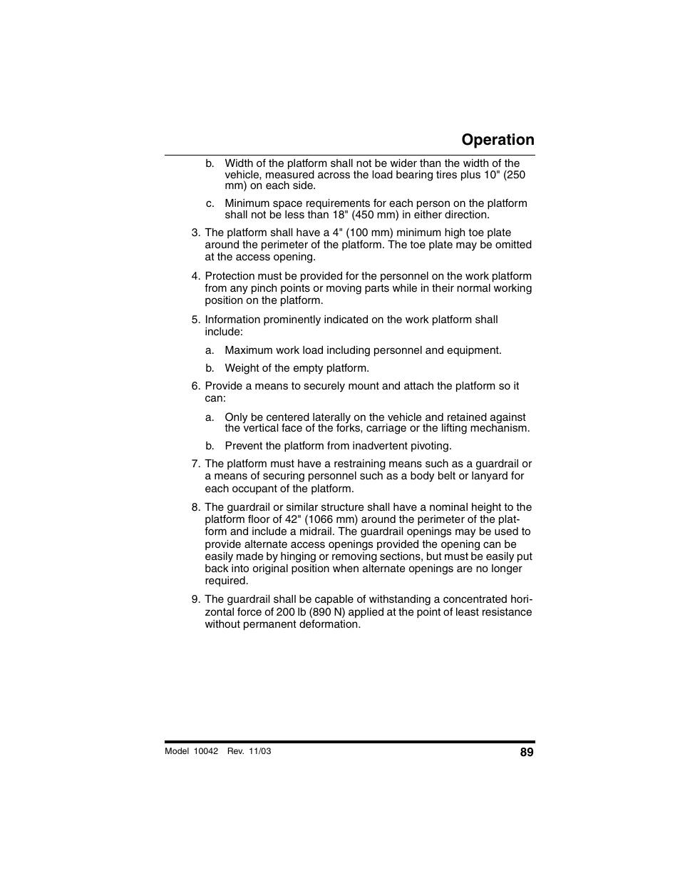 B. weight of the empty platform, B. prevent the platform from inadvertent pivoting, Operation | SkyTrak 10042 Operation Manual User Manual | Page 91 / 196