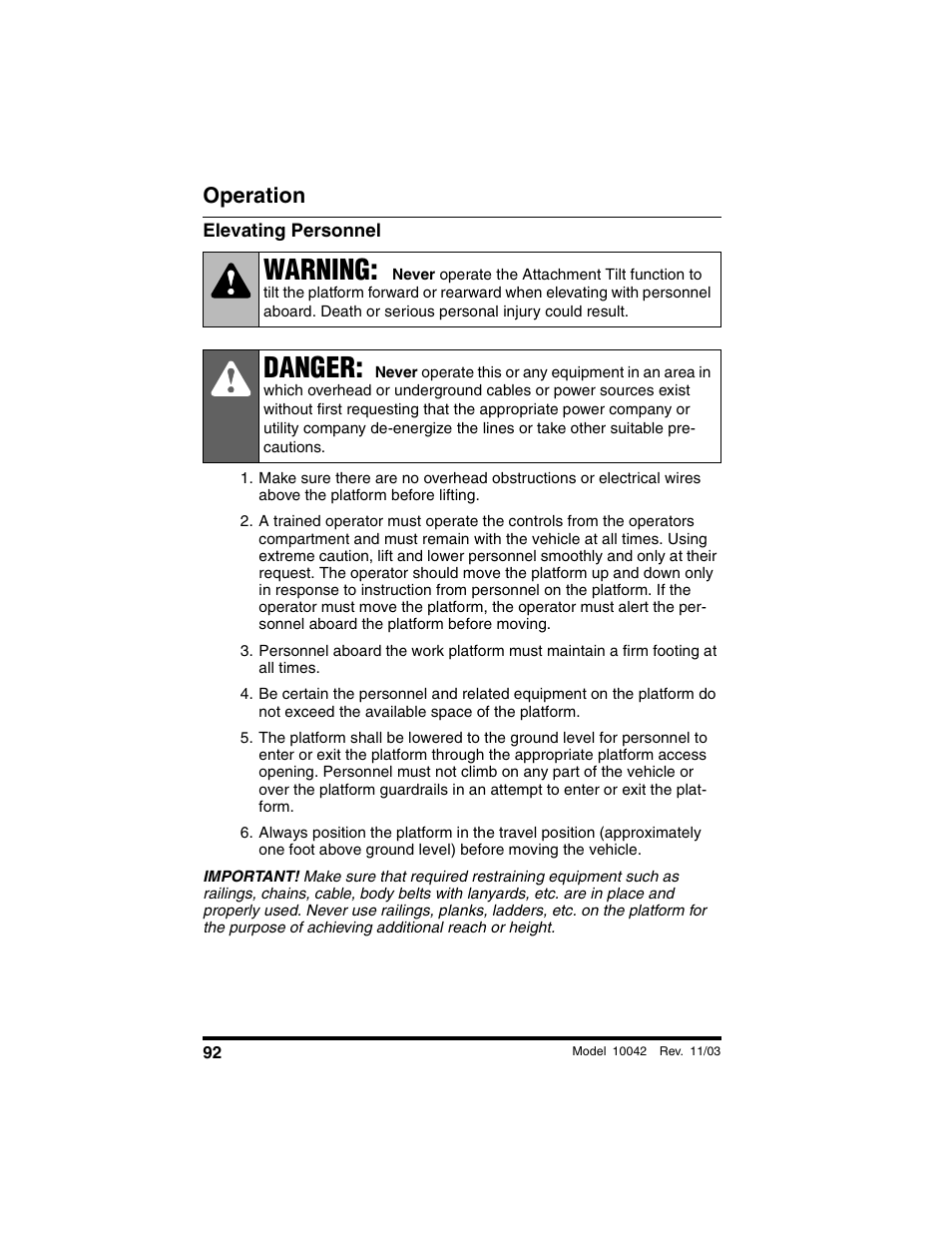 Elevating personnel, Warning, Danger | Operation | SkyTrak 10042 Operation Manual User Manual | Page 94 / 196