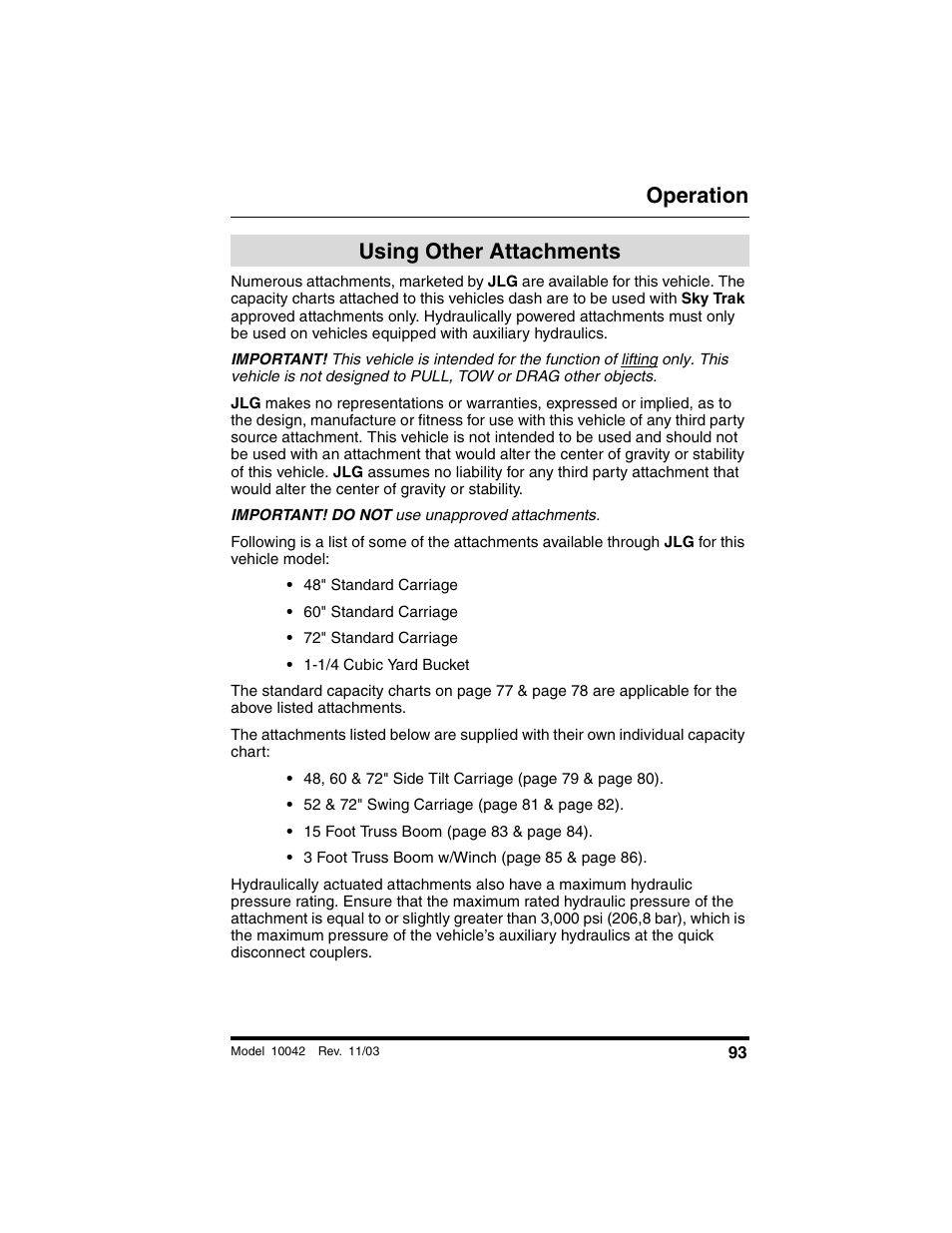 Using other attachments, Operation | SkyTrak 10042 Operation Manual User Manual | Page 95 / 196