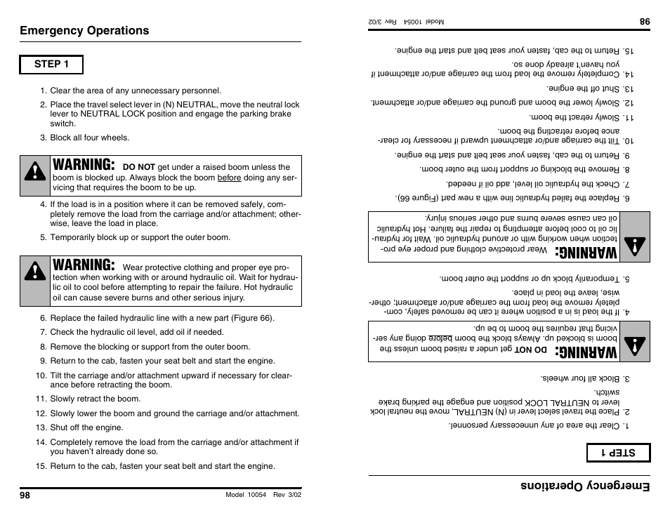 Warning, Wa rning, Emergency operations | Emergencyoperations | SkyTrak 10054 Operation Manual User Manual | Page 100 / 200
