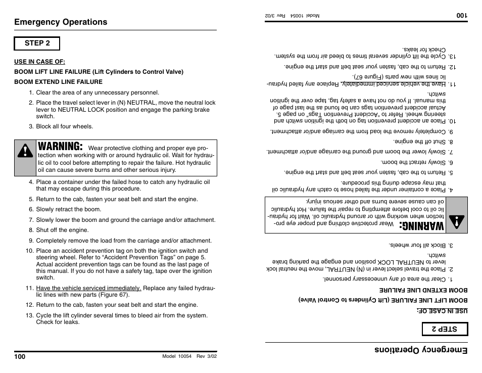 Warning, Wa rning, Emergency operations | Emergencyoperations | SkyTrak 10054 Operation Manual User Manual | Page 102 / 200
