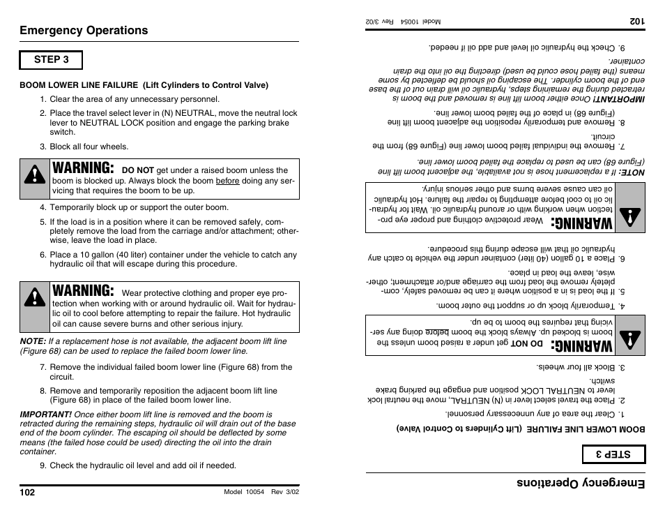 Warning, Wa rning, Emergency operations | Emergencyoperations | SkyTrak 10054 Operation Manual User Manual | Page 104 / 200