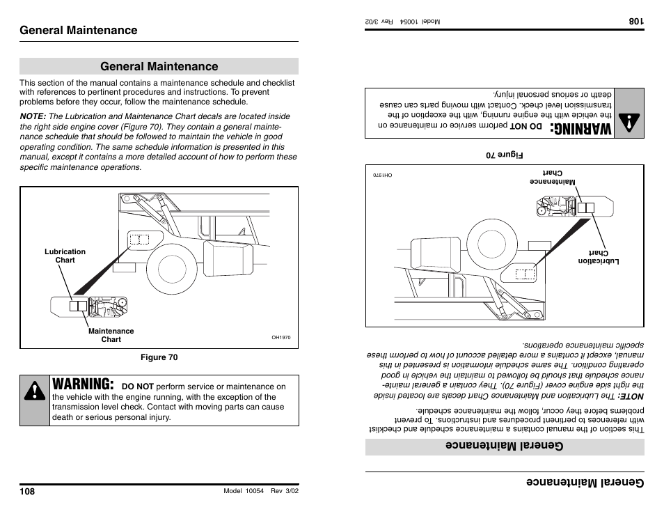 General maintenance, Warning, Wa rning | General main tenan ce, General main ten an ce | SkyTrak 10054 Operation Manual User Manual | Page 110 / 200