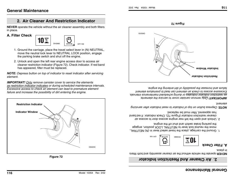General maintenance, Air cleaner and restriction indicator, General main tenan ce | Air clea ner and re stricti oni ndi cator | SkyTrak 10054 Operation Manual User Manual | Page 118 / 200