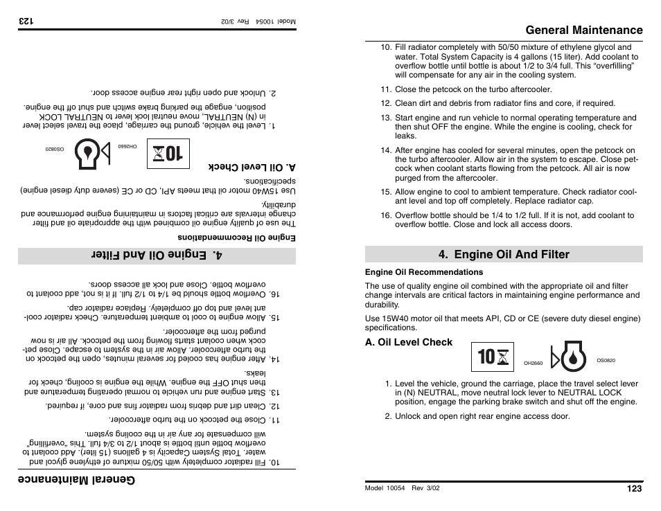 Ge nera lm ain ten anc e, Engineoil an dfilter, General maintenance | Engine oil and filter | SkyTrak 10054 Operation Manual User Manual | Page 125 / 200
