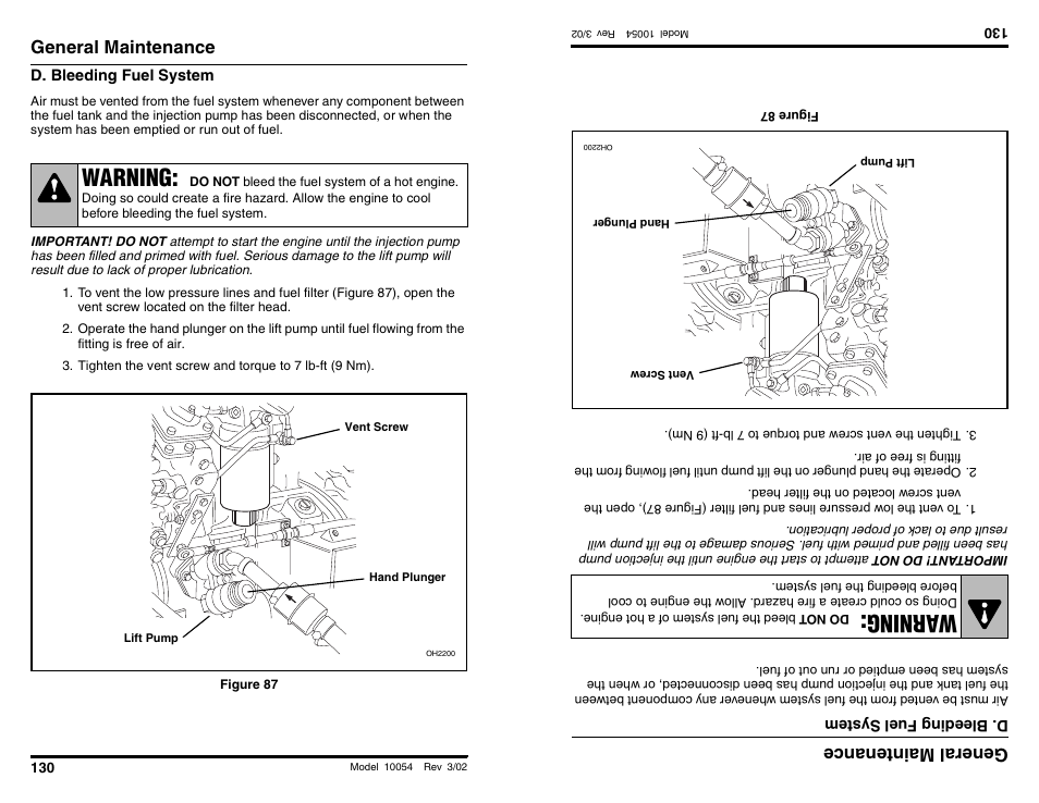 Warning, Wa rning, General maintenance | General main tenan ce | SkyTrak 10054 Operation Manual User Manual | Page 132 / 200