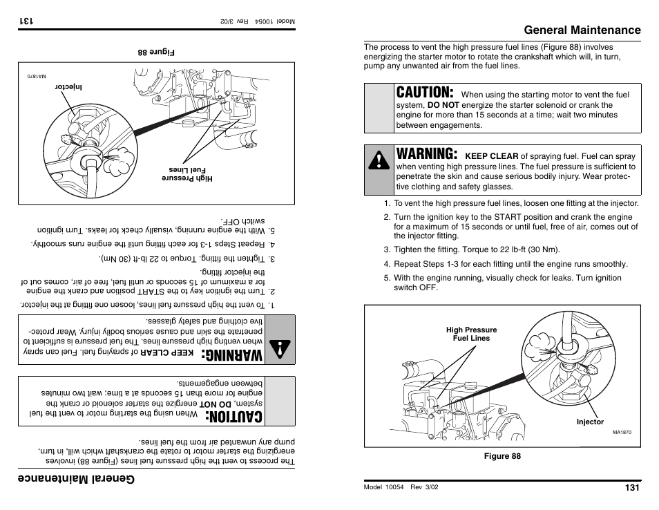 Caution, Wa rning, Warning | Ge nera lm ain ten anc e, General maintenance | SkyTrak 10054 Operation Manual User Manual | Page 133 / 200