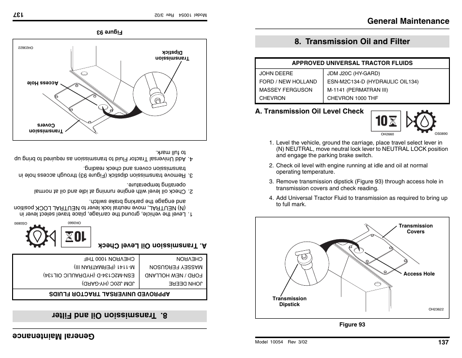 Ge nera lm ain ten anc e, Transmiss ionoi land filt er, General maintenance | Transmission oil and filter | SkyTrak 10054 Operation Manual User Manual | Page 139 / 200