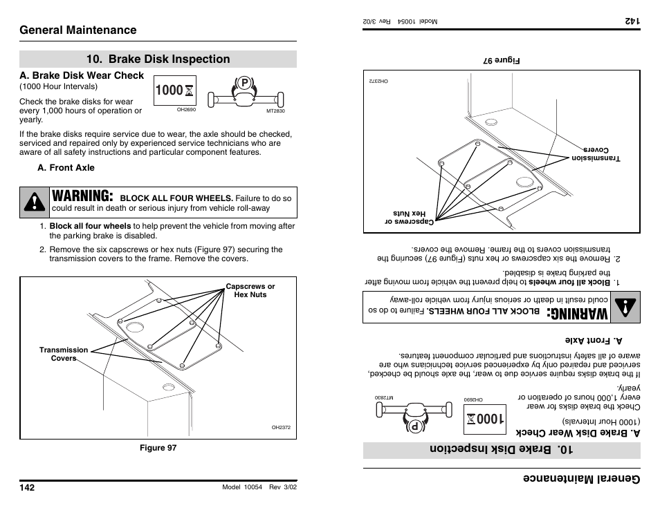 Warning, Wa rning, General maintenance | Brake disk inspection, General main tenan ce, Braked isk in spection | SkyTrak 10054 Operation Manual User Manual | Page 144 / 200