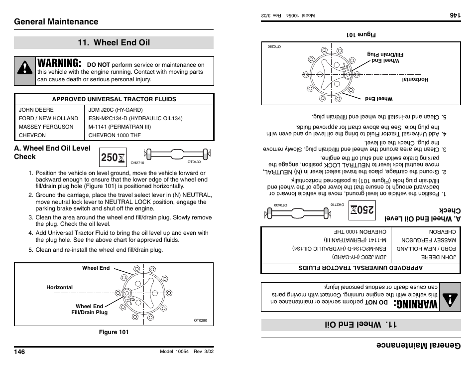 Warning, Wa rning, General maintenance | Wheel end oil, General main tenan ce, Wheelend oil | SkyTrak 10054 Operation Manual User Manual | Page 148 / 200
