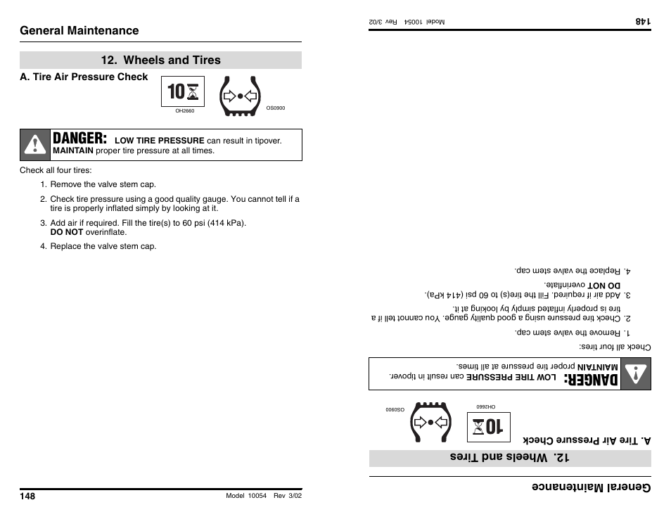 Danger, General maintenance, Wheels and tires | General main tenan ce, Wh eels andtir es | SkyTrak 10054 Operation Manual User Manual | Page 150 / 200