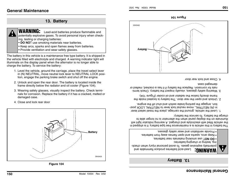Warning, Wa rning, General maintenance | Battery, General main tenan ce, Batter y | SkyTrak 10054 Operation Manual User Manual | Page 152 / 200