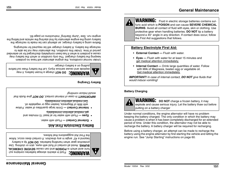 Wa rning, Warning, Ge nera lm ain ten anc e | General maintenance | SkyTrak 10054 Operation Manual User Manual | Page 153 / 200