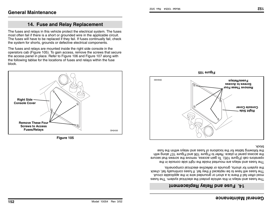 General maintenance, Fuse and relay replacement, General main tenan ce | Fu seand rela yrepla cement | SkyTrak 10054 Operation Manual User Manual | Page 154 / 200