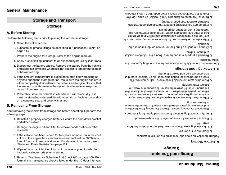 General maintenance storage, Storage and transport, General main tenan ce stor age | Storage andtran sp ort | SkyTrak 10054 Operation Manual User Manual | Page 178 / 200