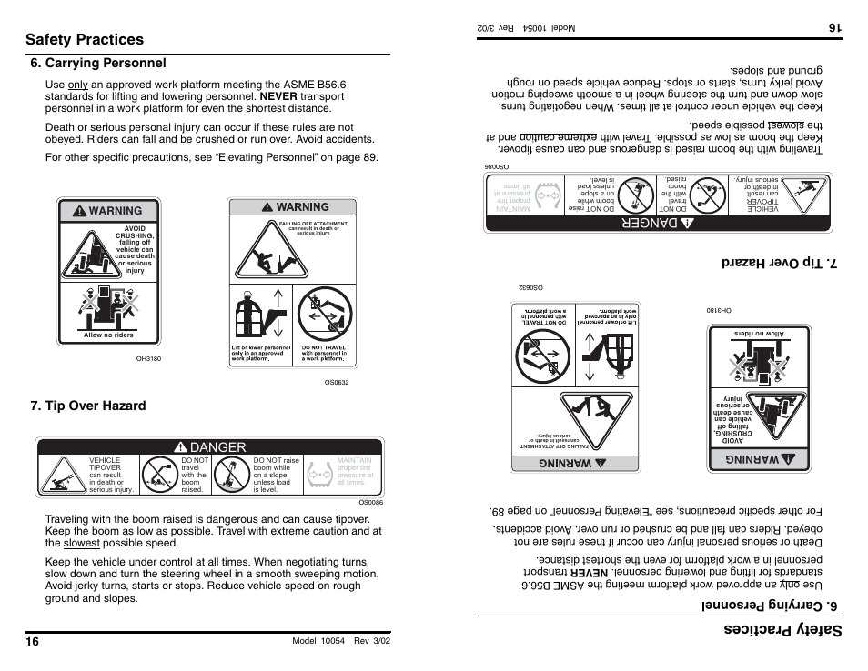 Safety practices, Safety prac tices, Carrying personnel | Tip over hazard, Danger, Ti po ver haza rd | SkyTrak 10054 Operation Manual User Manual | Page 18 / 200