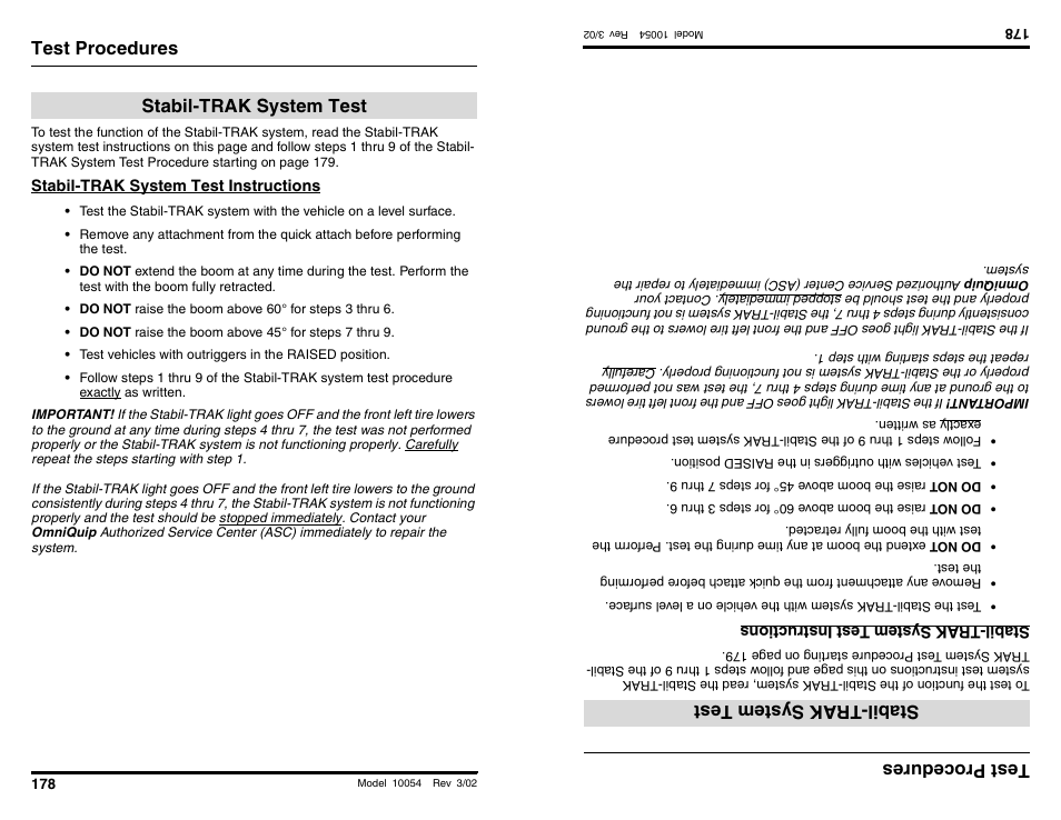 Test procedures, Stabil-trak system test, Te stproce dures | Stab il- trak system test | SkyTrak 10054 Operation Manual User Manual | Page 180 / 200