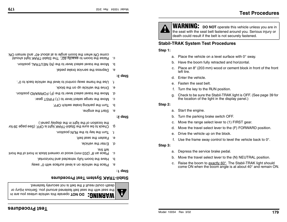 Wa rning, Warning, Testprocedures | Test procedures | SkyTrak 10054 Operation Manual User Manual | Page 181 / 200