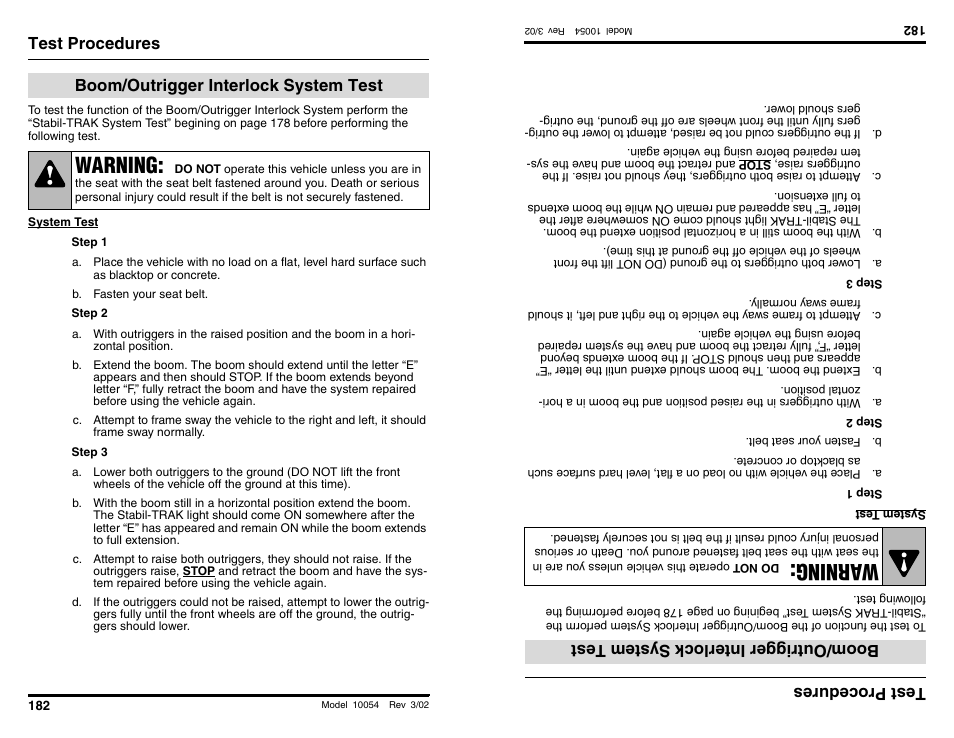 Warning, Wa rning, Test procedures | Boom/outrigger interlock system test, Te stproce dures, Bo om/o utri gg erin te rlock sy ste mt est | SkyTrak 10054 Operation Manual User Manual | Page 184 / 200