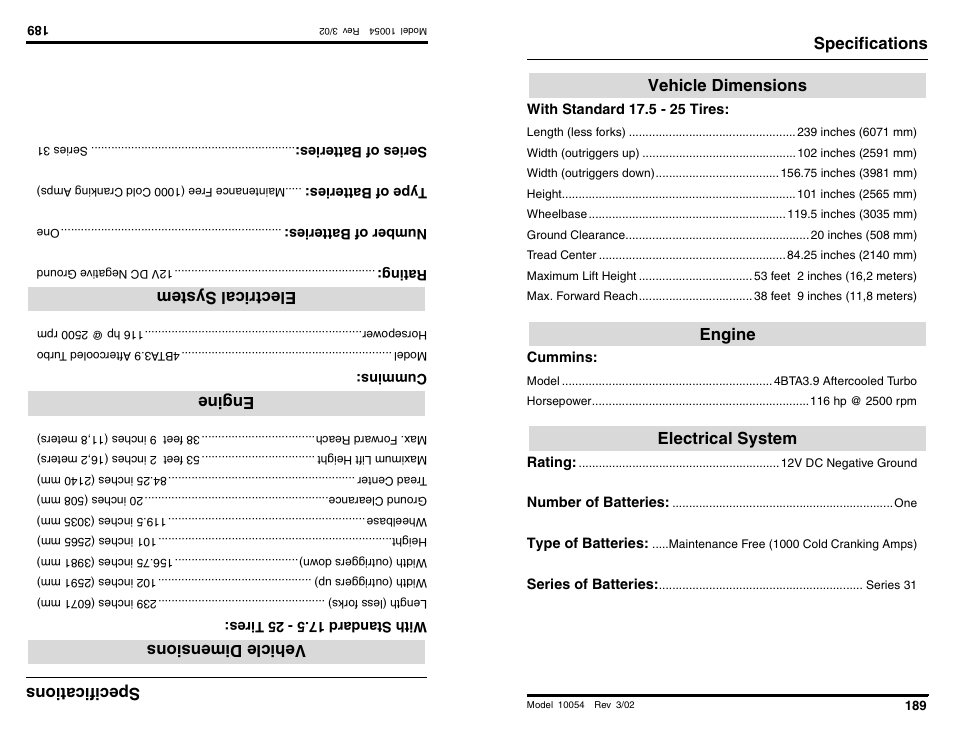Specifi cation s, Vehicle dimensions engine electrical system | SkyTrak 10054 Operation Manual User Manual | Page 191 / 200