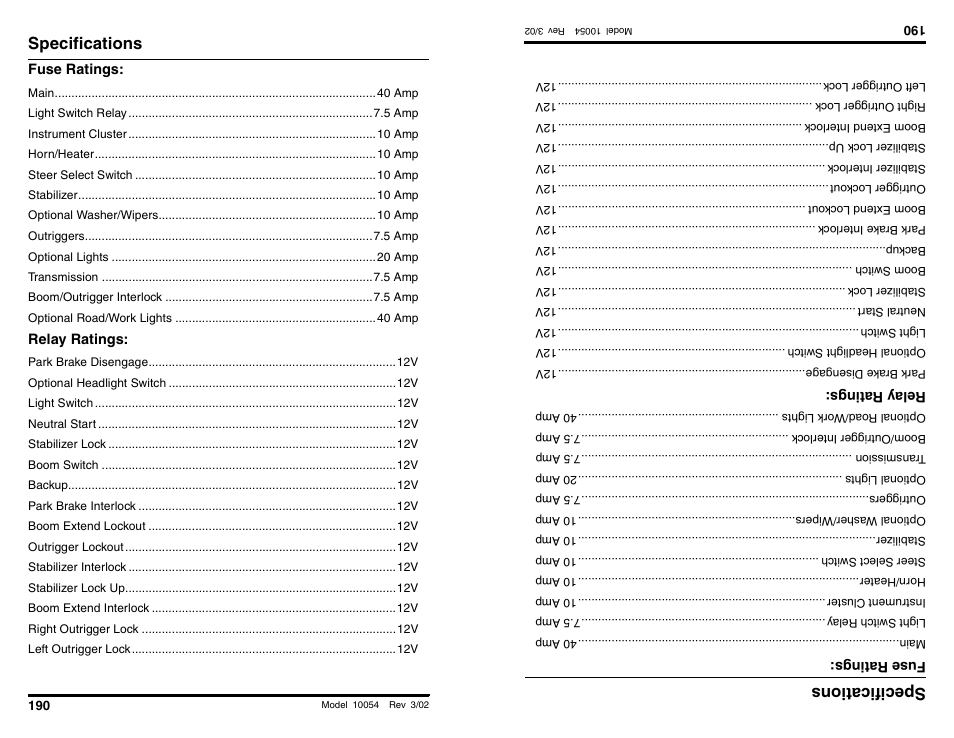 Specifications, Specific ations | SkyTrak 10054 Operation Manual User Manual | Page 192 / 200