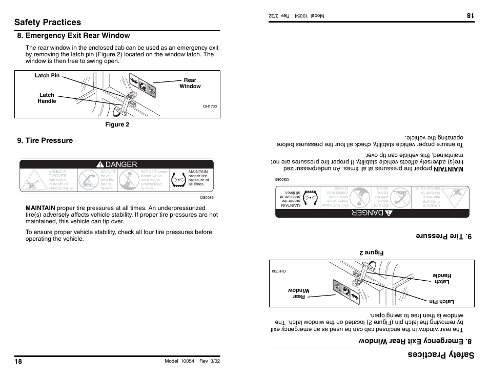 Safety practices, Safety prac tices, Emergency exit rear window | Tire pressure, Danger, Emerg ency exitrear window, Tirepre ssure | SkyTrak 10054 Operation Manual User Manual | Page 20 / 200